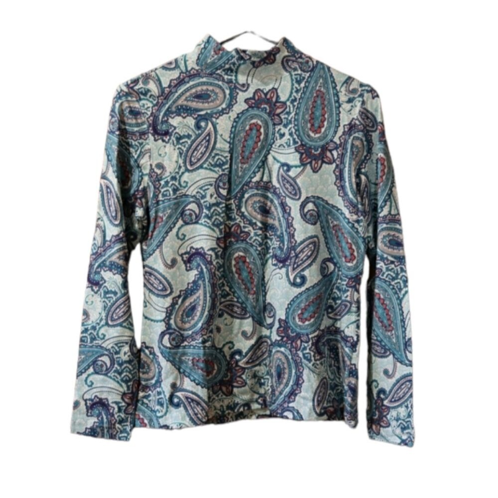 Croft & Barrow Blue Paisley Print Long Sleeve Mock Neck Top MP
